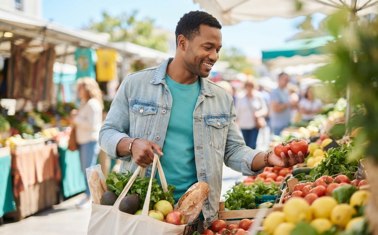 A man shopping for groceries with a realistic everyday spending plan — www.changeyourlife.money