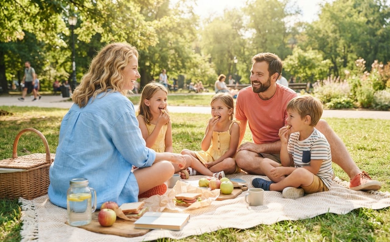 A family enjoying a low-cost picnic in a local park — www.changeyourlife.money