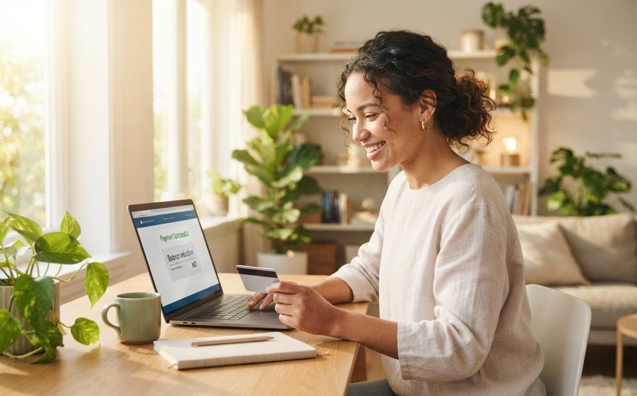 A woman making an extra credit card repayment at home — www.changeyourlife.money