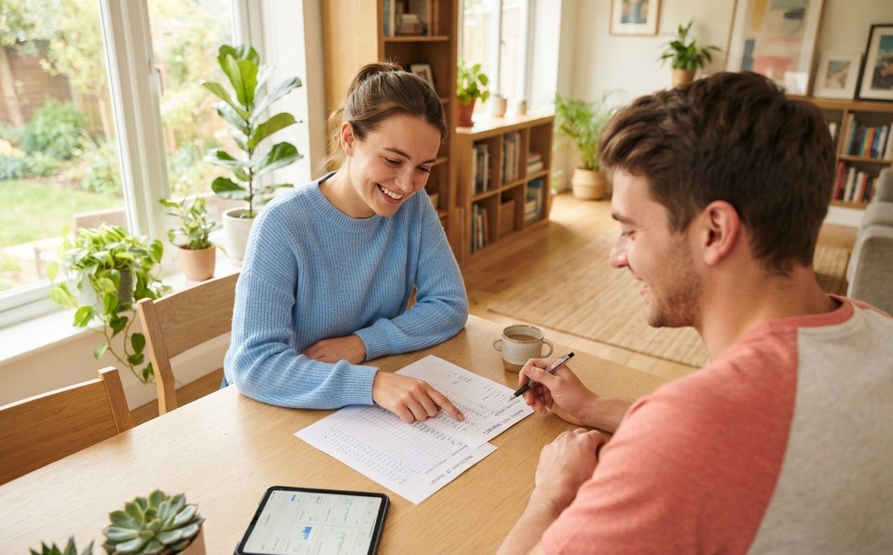 Couple calmly reviewing their repayments and household budget together — www.changeyourlife.money