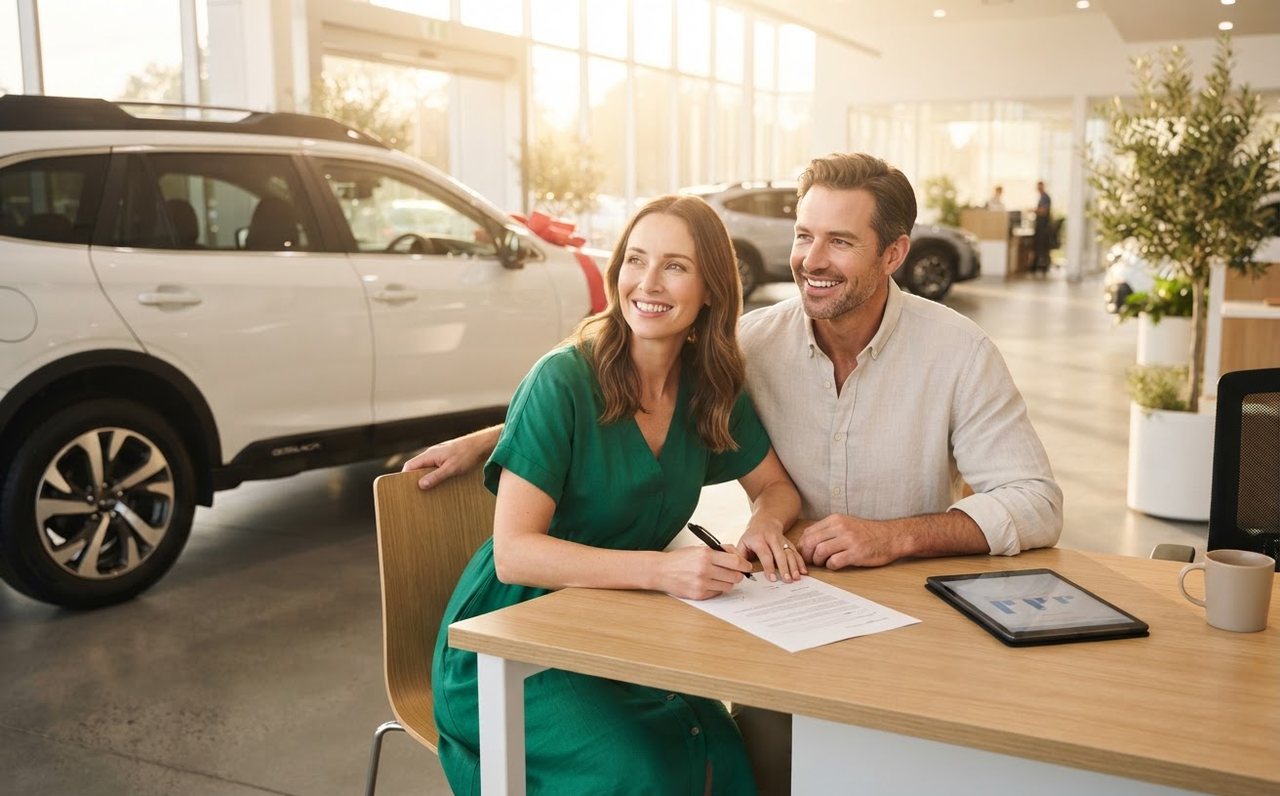 A buyer pauses over finance paperwork beside a new SUV — www.changeyourlife.money
