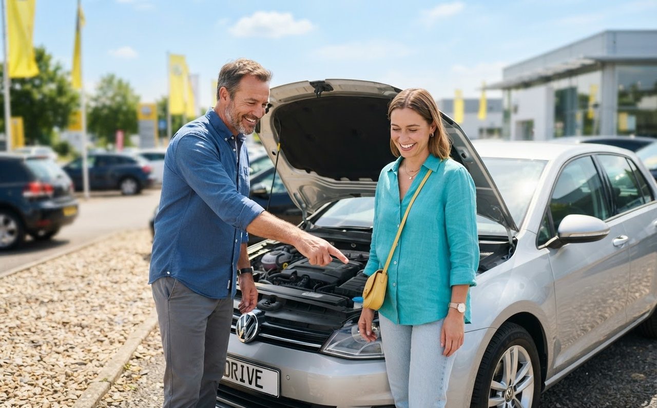 A father and daughter inspect a used hatchback before buying — www.changeyourlife.money
