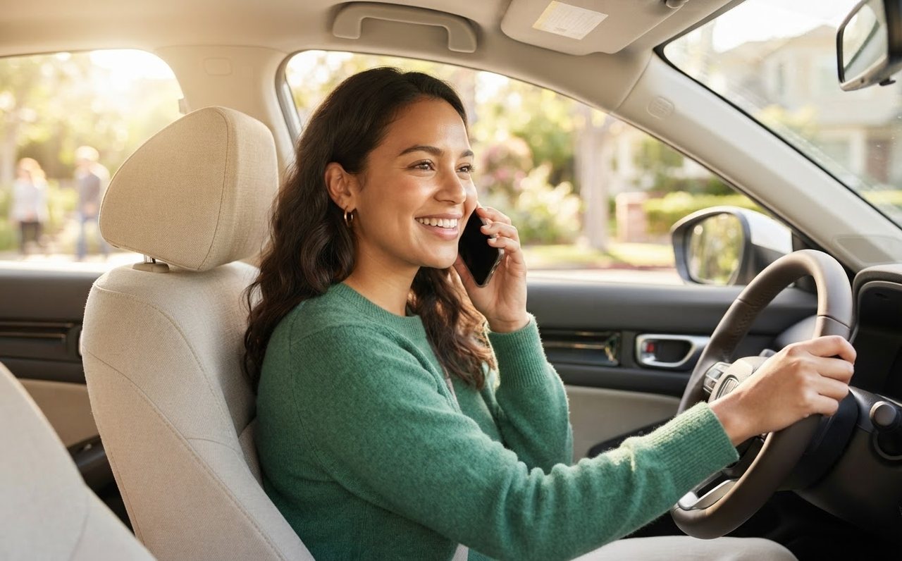 A driver calls their lender about a car loan while parked in a sedan — www.changeyourlife.money