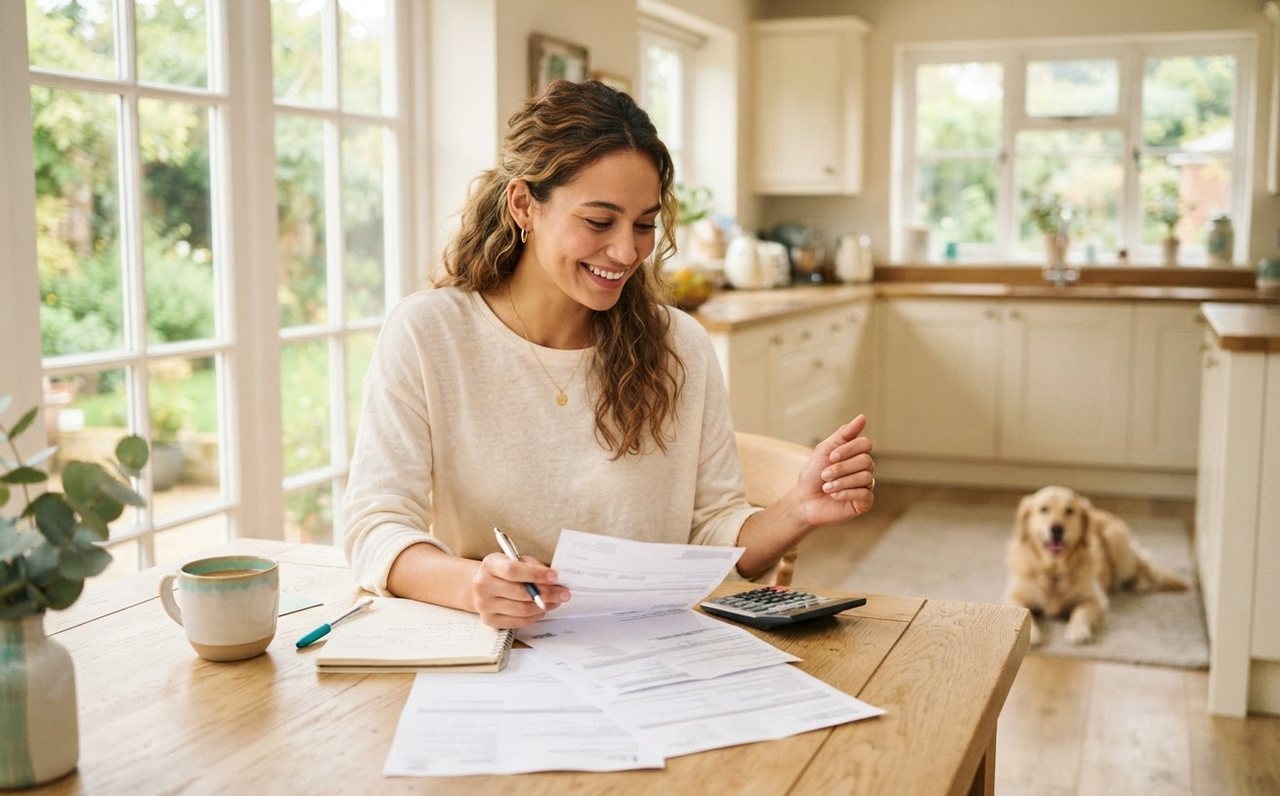 Woman reviewing card bills at a kitchen table at night — www.changeyourlife.money