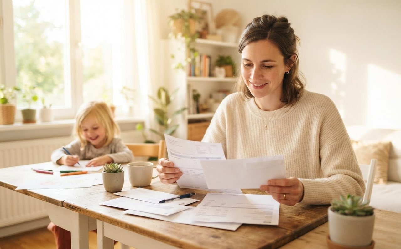 Parent opening bills in a compact rental home — www.changeyourlife.money