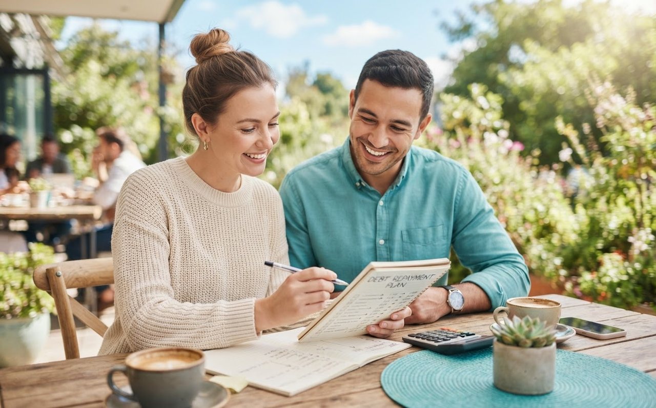 Couple making a household debt repayment plan — www.changeyourlife.money