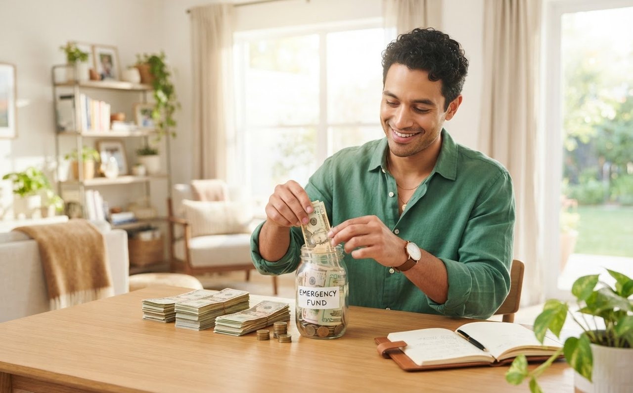 Man building a small emergency cash buffer at home — www.changeyourlife.money