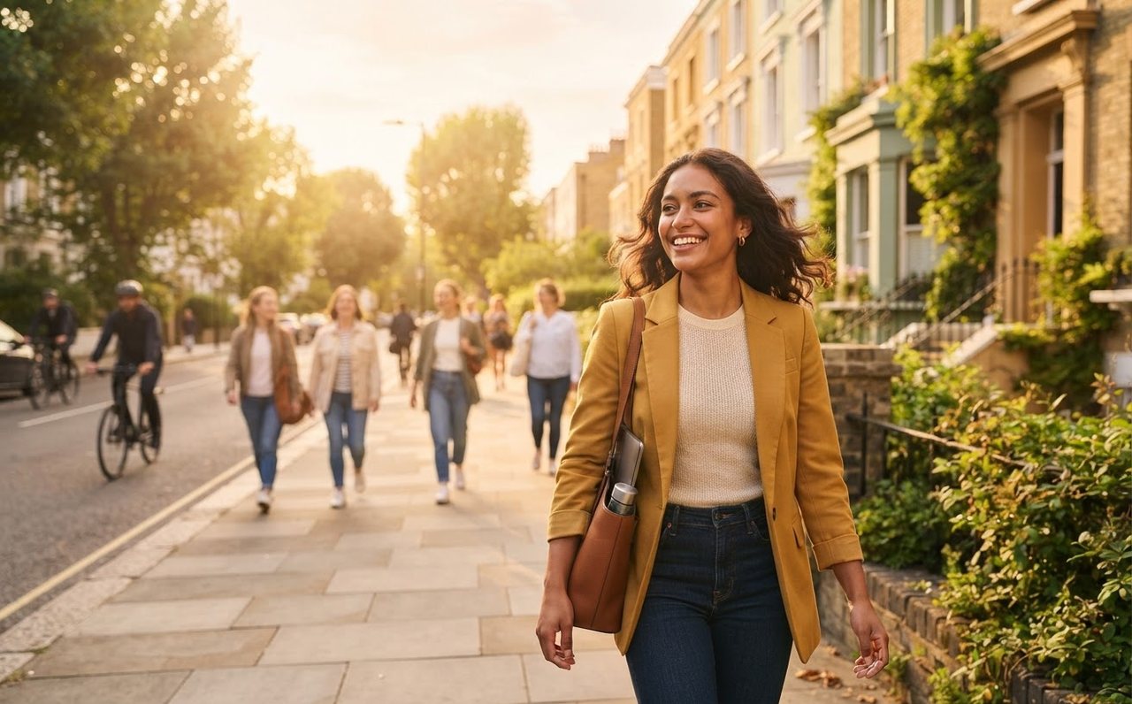 Woman walking home after work with an optimistic expression — www.changeyourlife.money