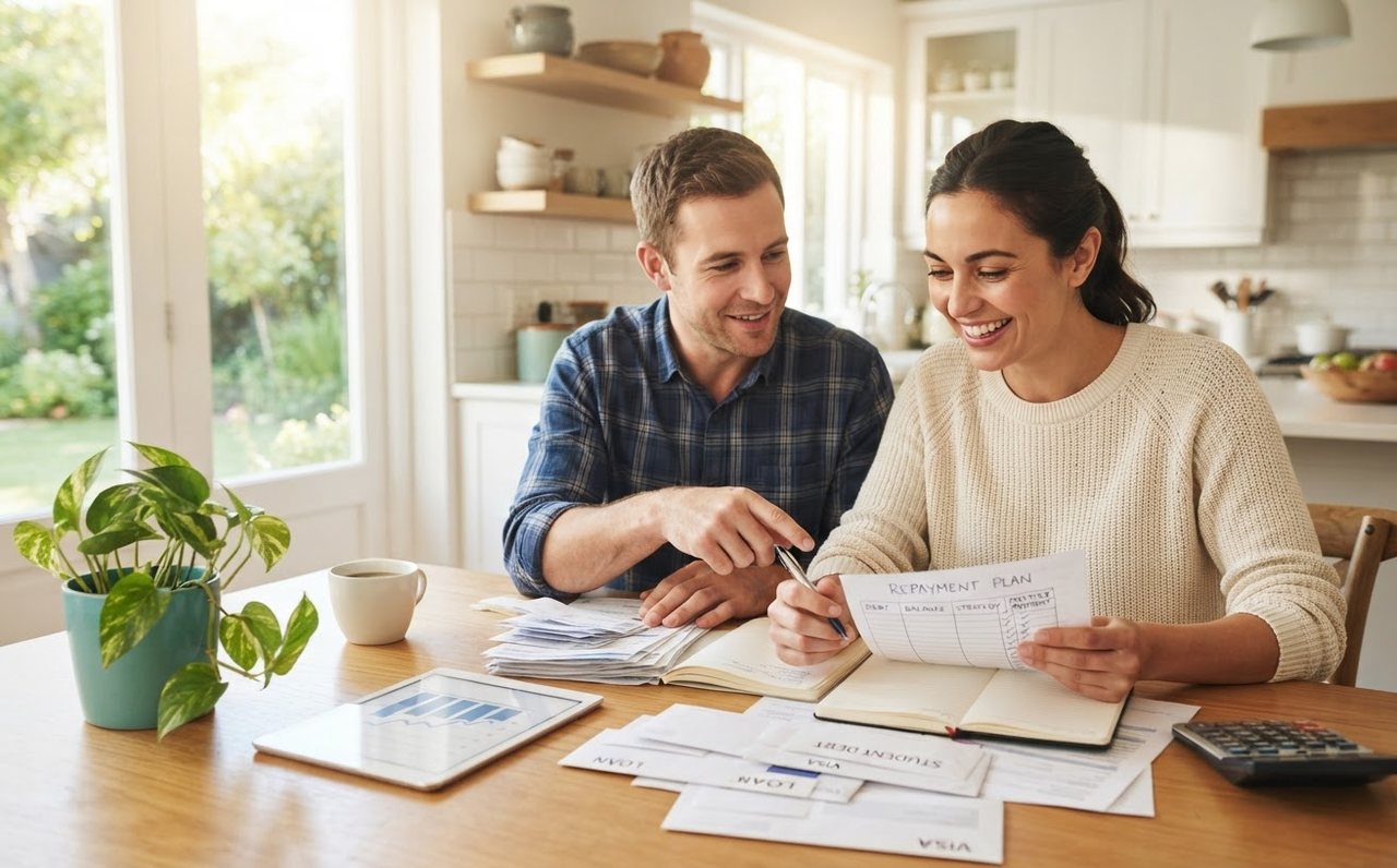 A couple sorting bills and mapping a repayment plan at their kitchen table — www.changeyourlife.money
