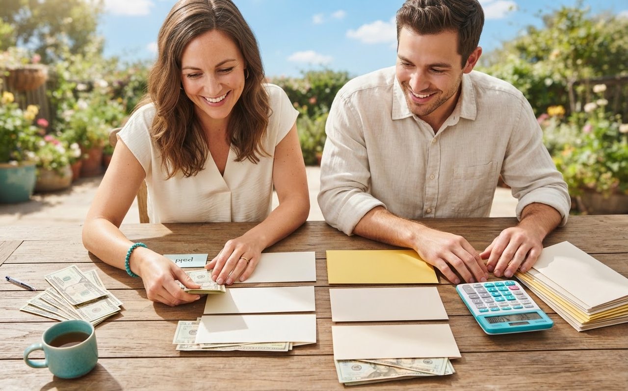 An overhead view of a debt payoff sequence with envelopes and a calculator — www.changeyourlife.money