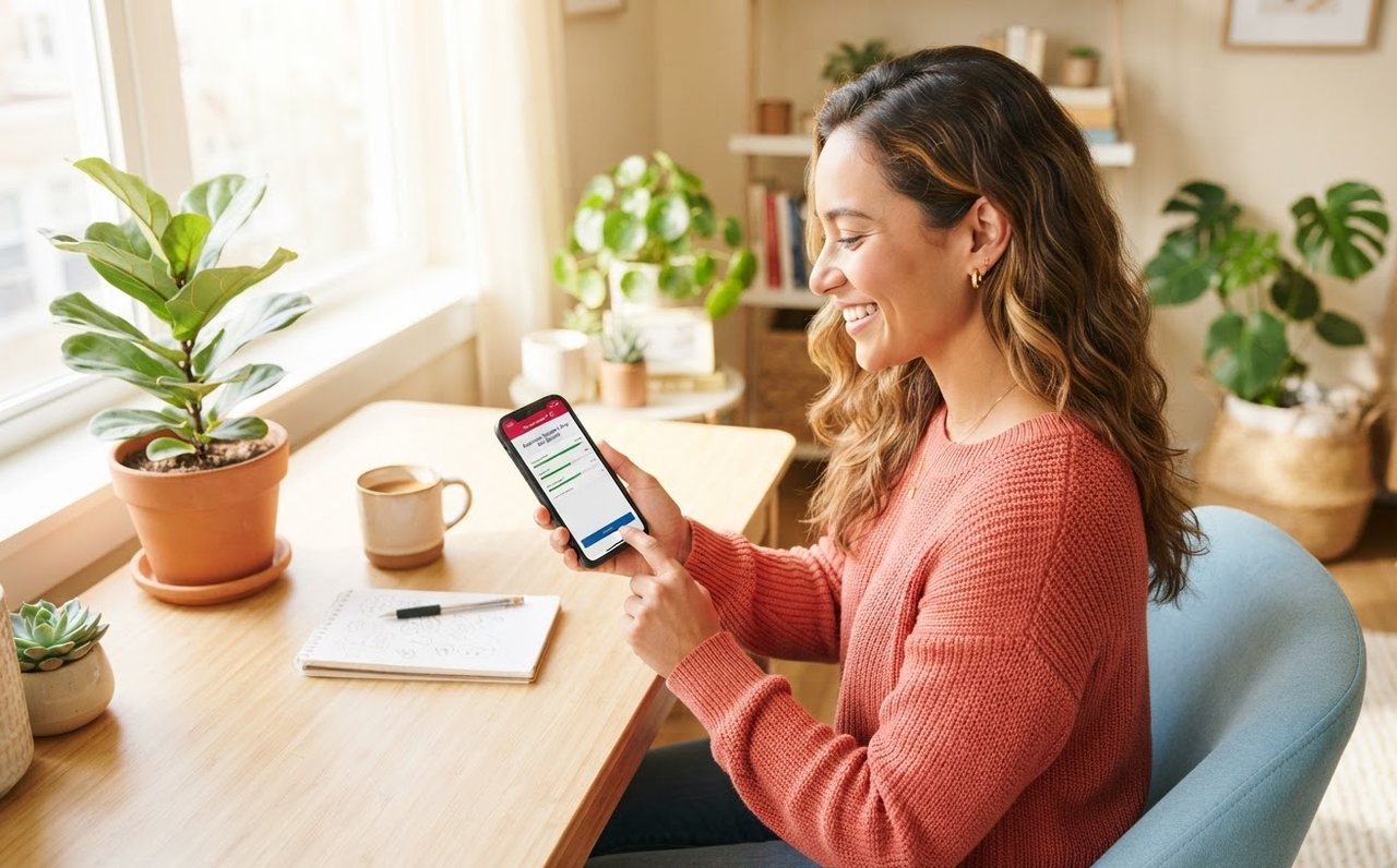 A woman setting up an automated repayment on her phone after payday — www.changeyourlife.money