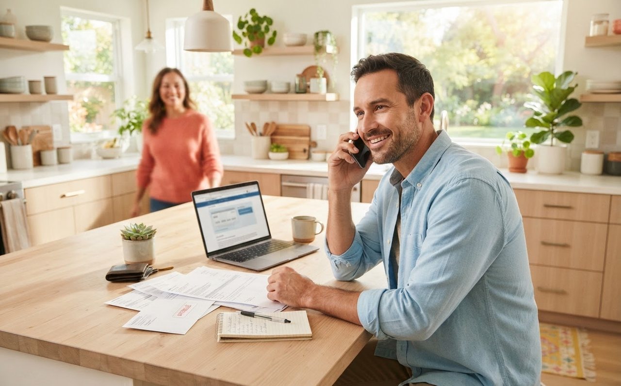 A man makes a practical phone call about an overdue bill from his kitchen — www.changeyourlife.money