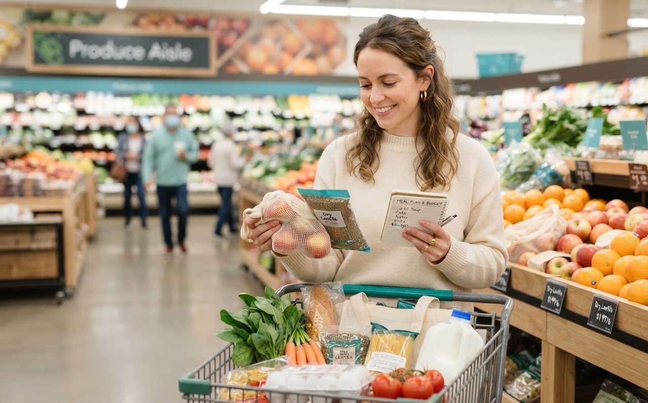 A young adult compares grocery choices while planning affordable meals — www.changeyourlife.money