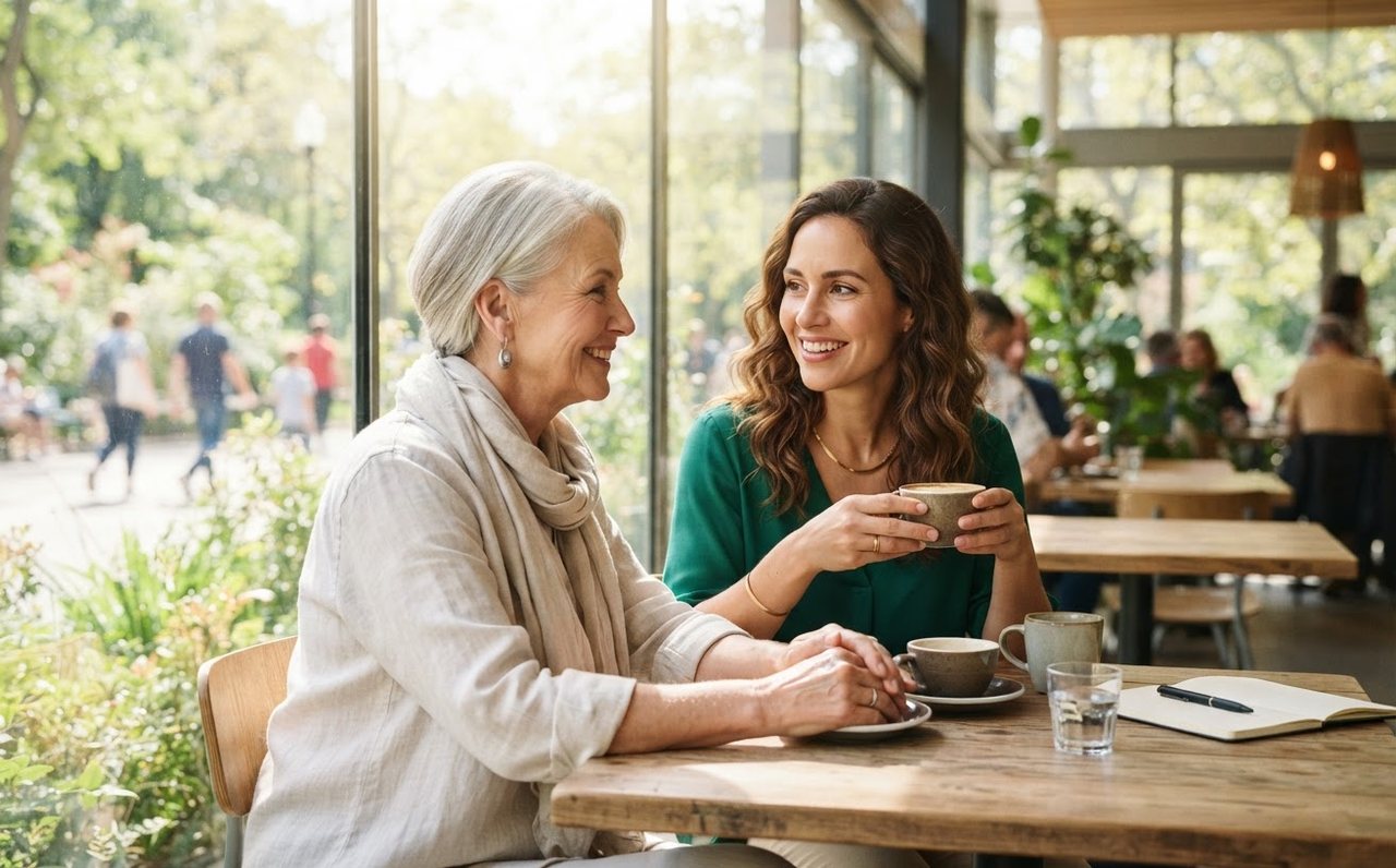 An older woman and her adult daughter have a supportive conversation in a park — www.changeyourlife.money