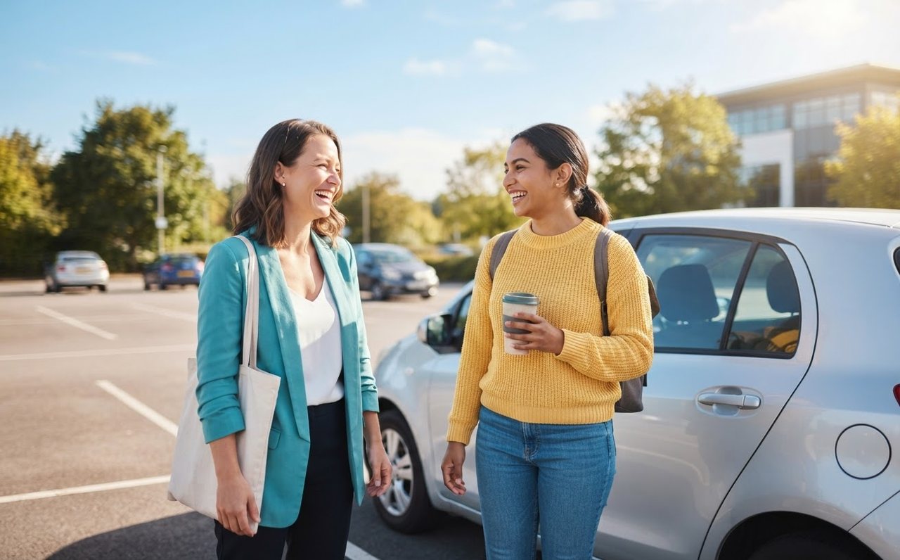 Two coworkers meet at a carpark to share a commute — www.changeyourlife.money