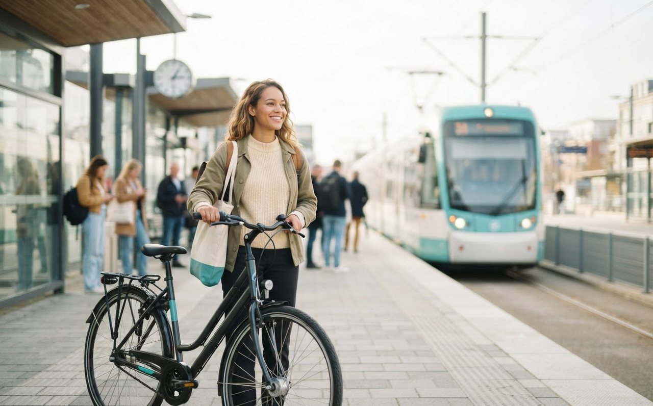 A commuter waits with a bicycle for public transport on a workday — www.changeyourlife.money