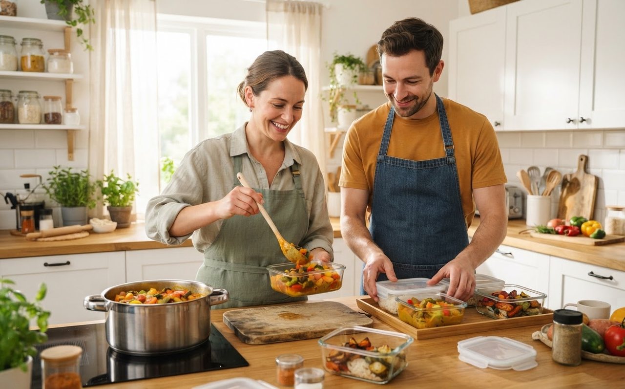 Two people batch-cook simple meals and pack leftovers in a home kitchen — www.changeyourlife.money