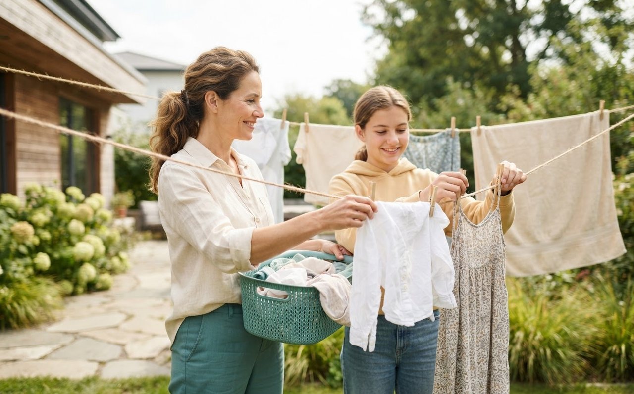 A parent and teenager use a clothesline instead of a dryer — www.changeyourlife.money