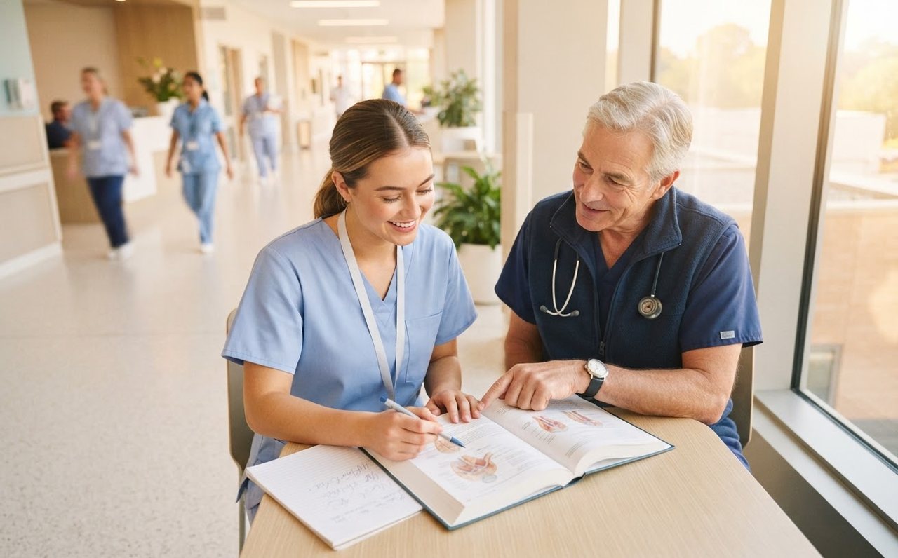 Medical trainee studying with a senior clinician in a hospital corridor — www.changeyourlife.money
