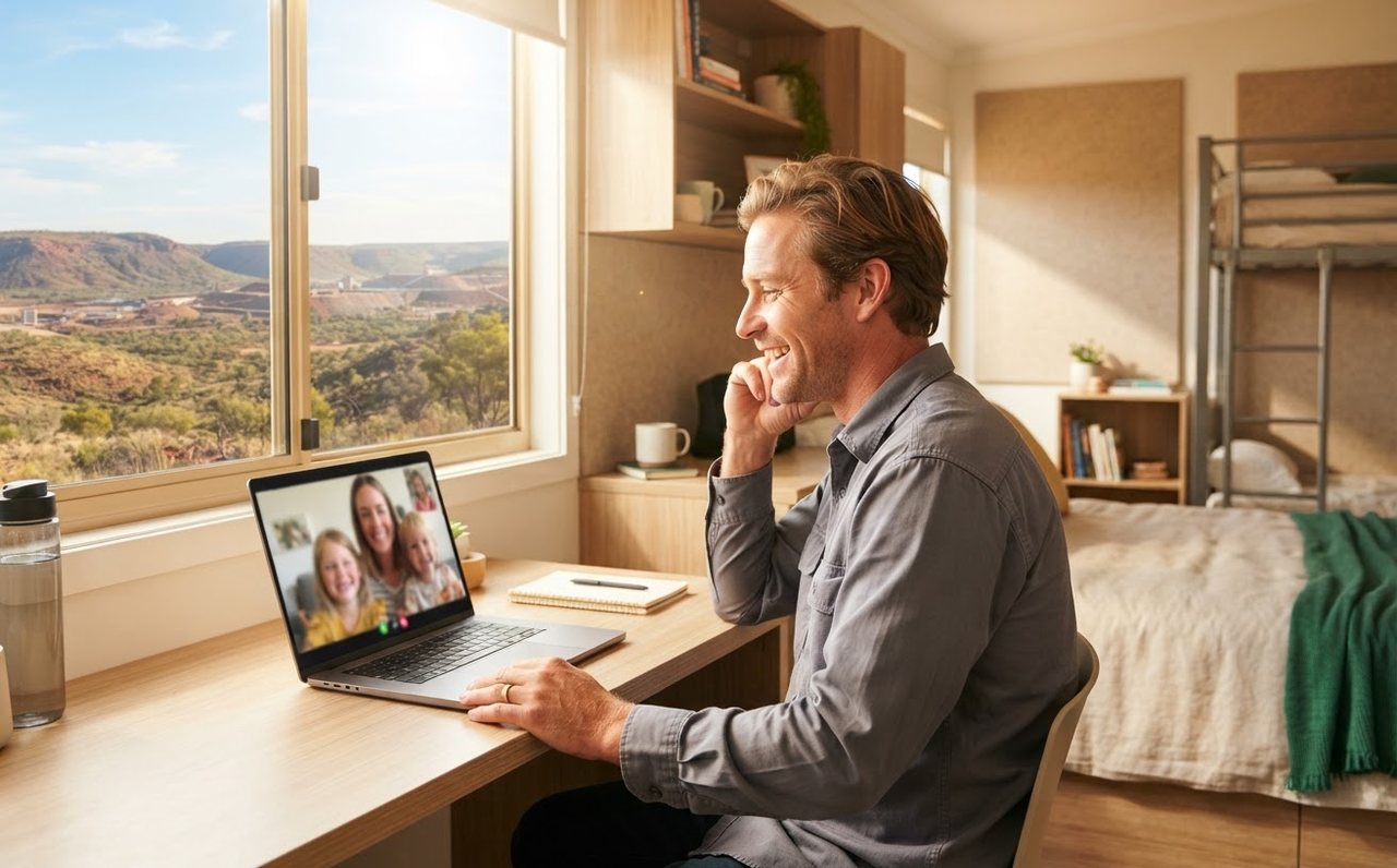 FIFO worker video-calling family from remote accommodation — www.changeyourlife.money