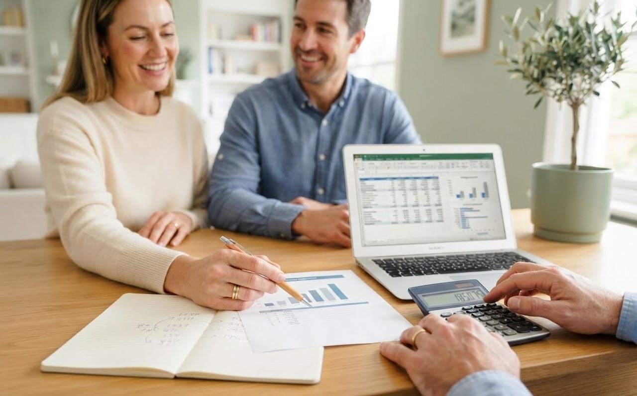 Hands comparing mortgage repayment scenarios with a calculator and laptop — www.changeyourlife.money