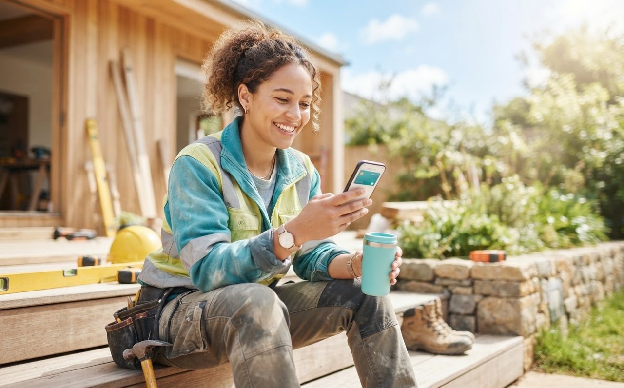 A tradesperson checking a credit card balance during a work break — www.changeyourlife.money