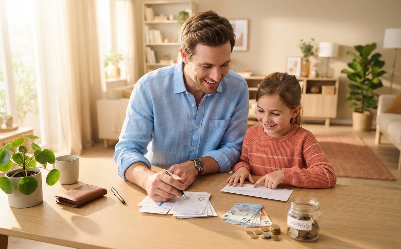A father organising household bills and a small savings buffer at night — www.changeyourlife.money
