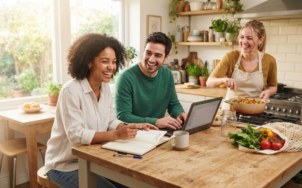 Housemates planning a household budget while preparing dinner in a rental home — www.changeyourlife.money
