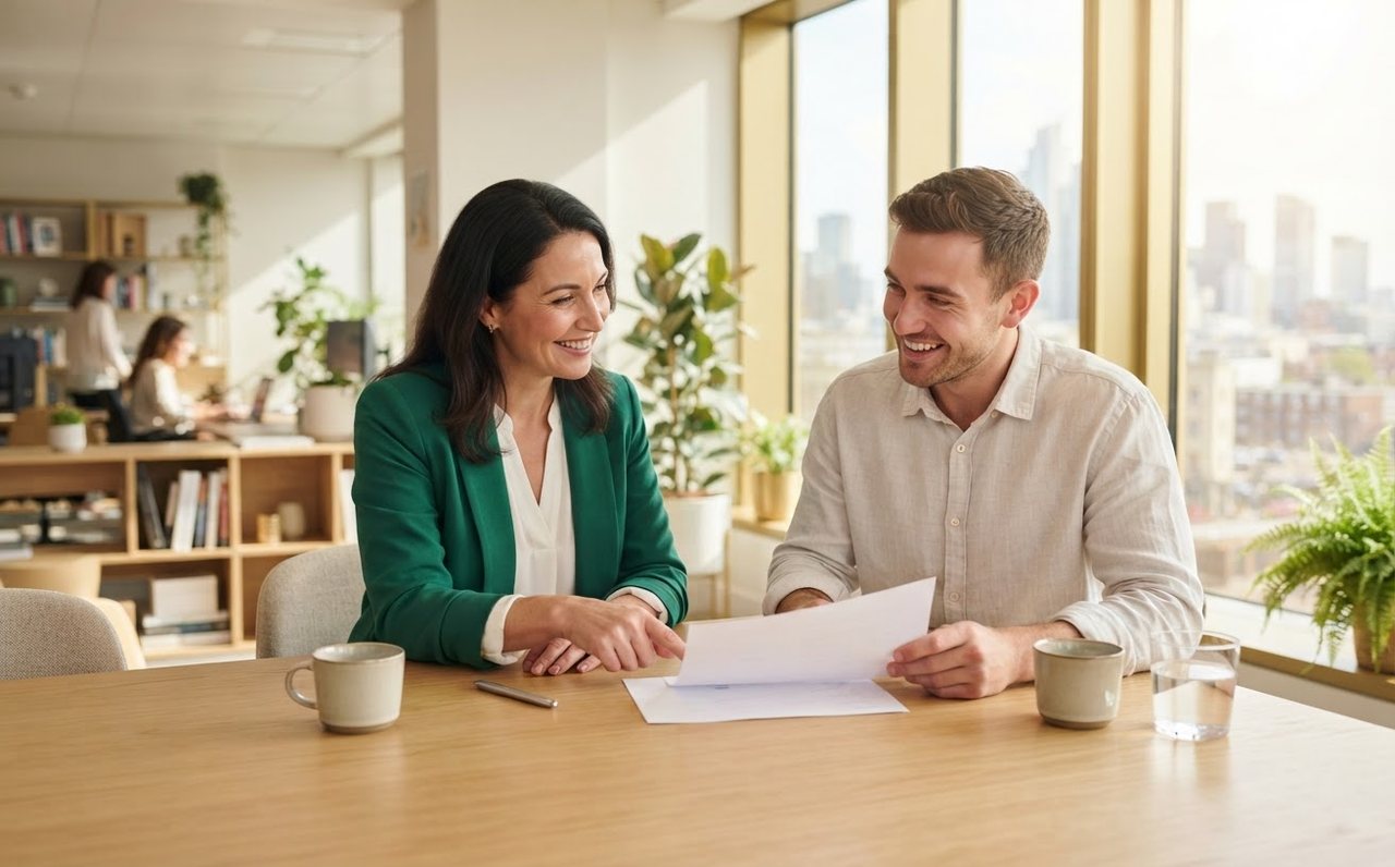 Manager and employee agreeing on goals after a salary discussion — www.changeyourlife.money