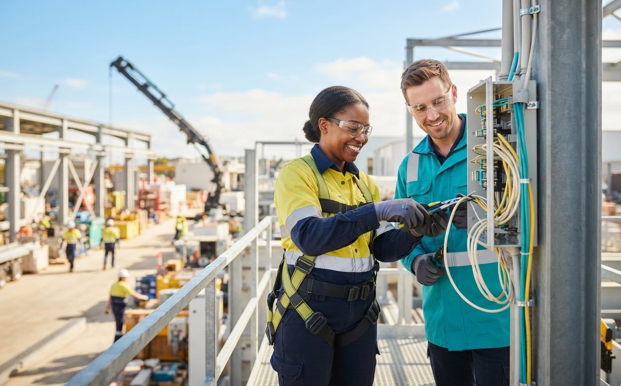 Two electricians working carefully in an industrial setting — www.changeyourlife.money