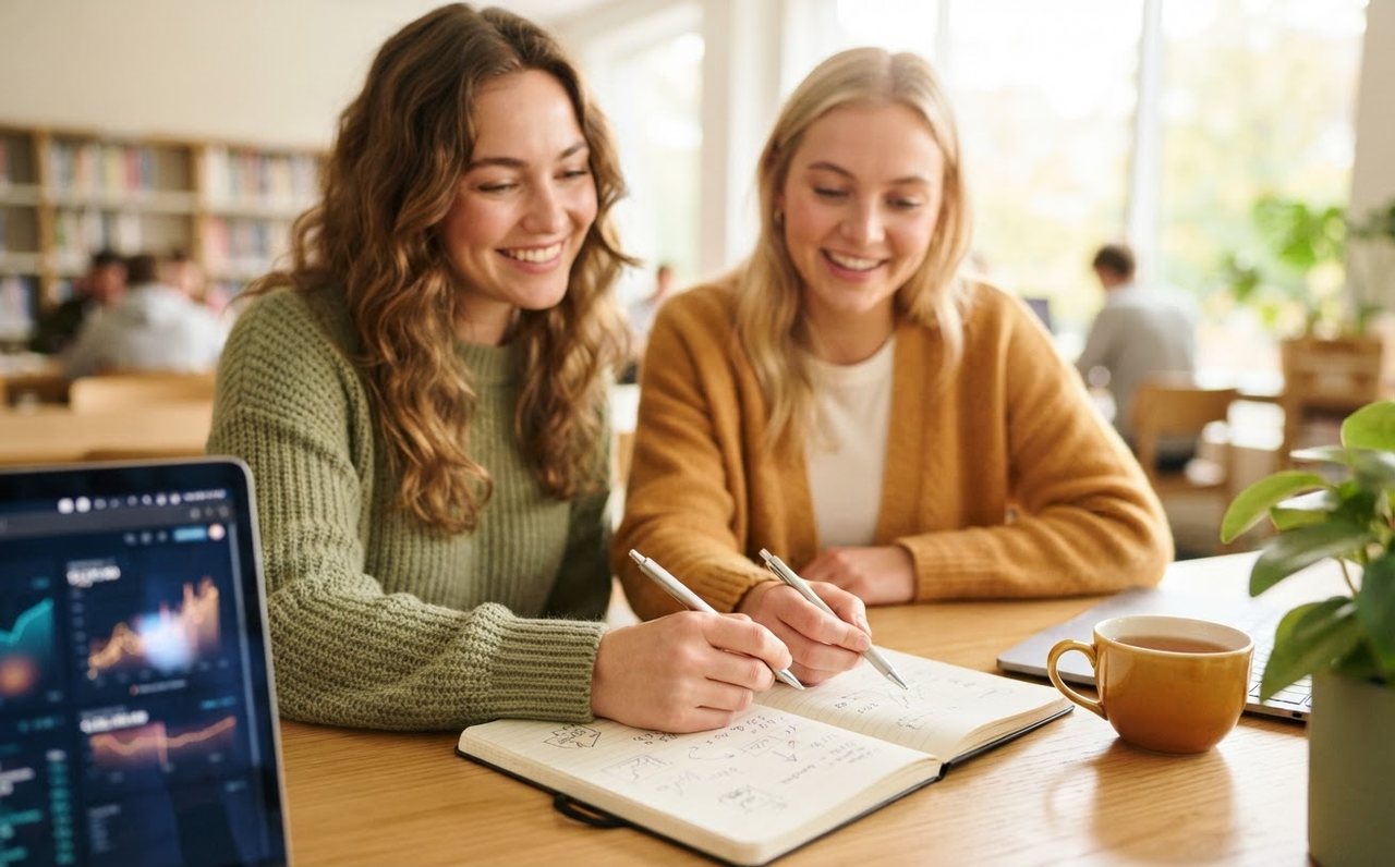 Two friends researching investment choices together at a library — www.changeyourlife.money
