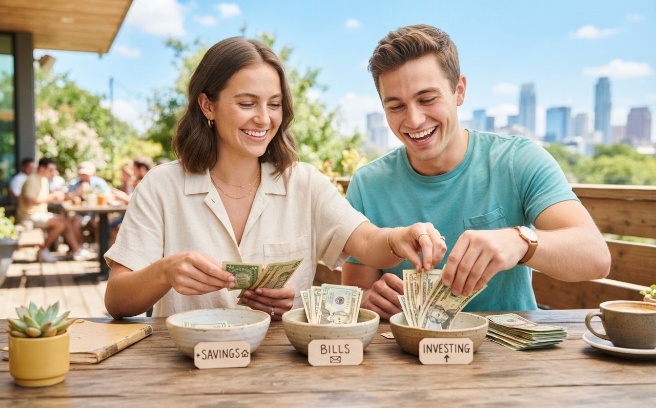Hands dividing money between savings, bills and investing goals — www.changeyourlife.money