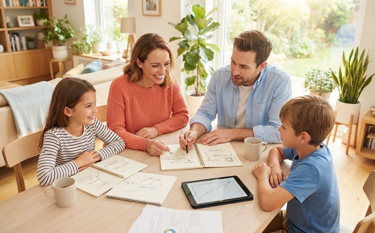 Family members discussing a simple long-term investment plan at home — www.changeyourlife.money