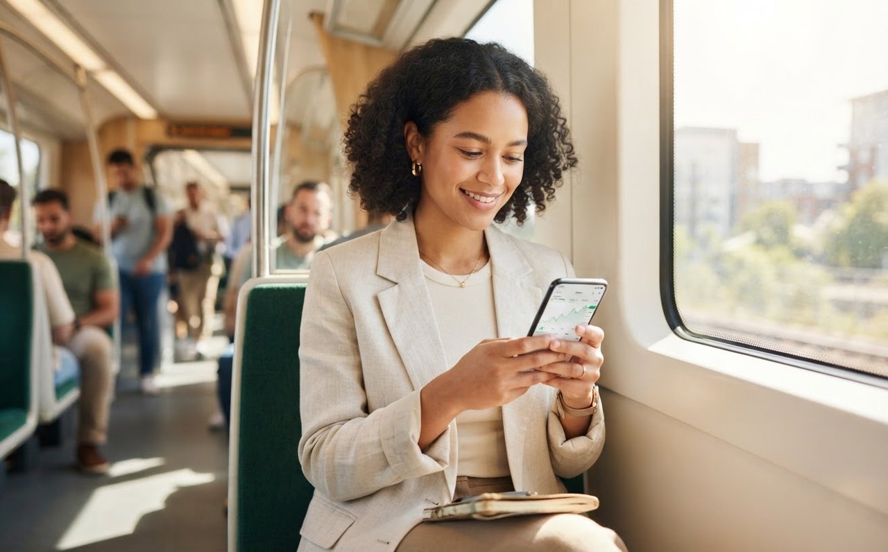 Commuter staying calm while viewing changing investment market movements on a phone — www.changeyourlife.money