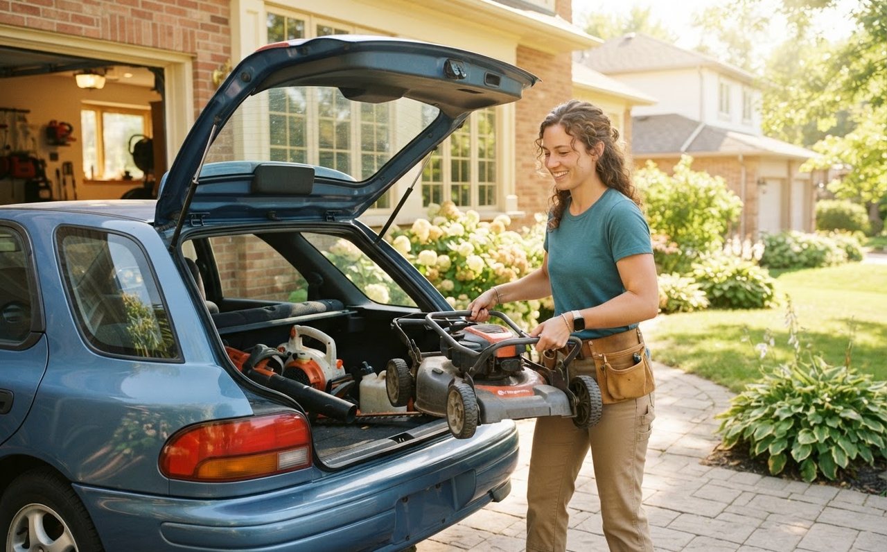 A lawn-care worker loads basic equipment into a small car before Saturday jobs — www.changeyourlife.money