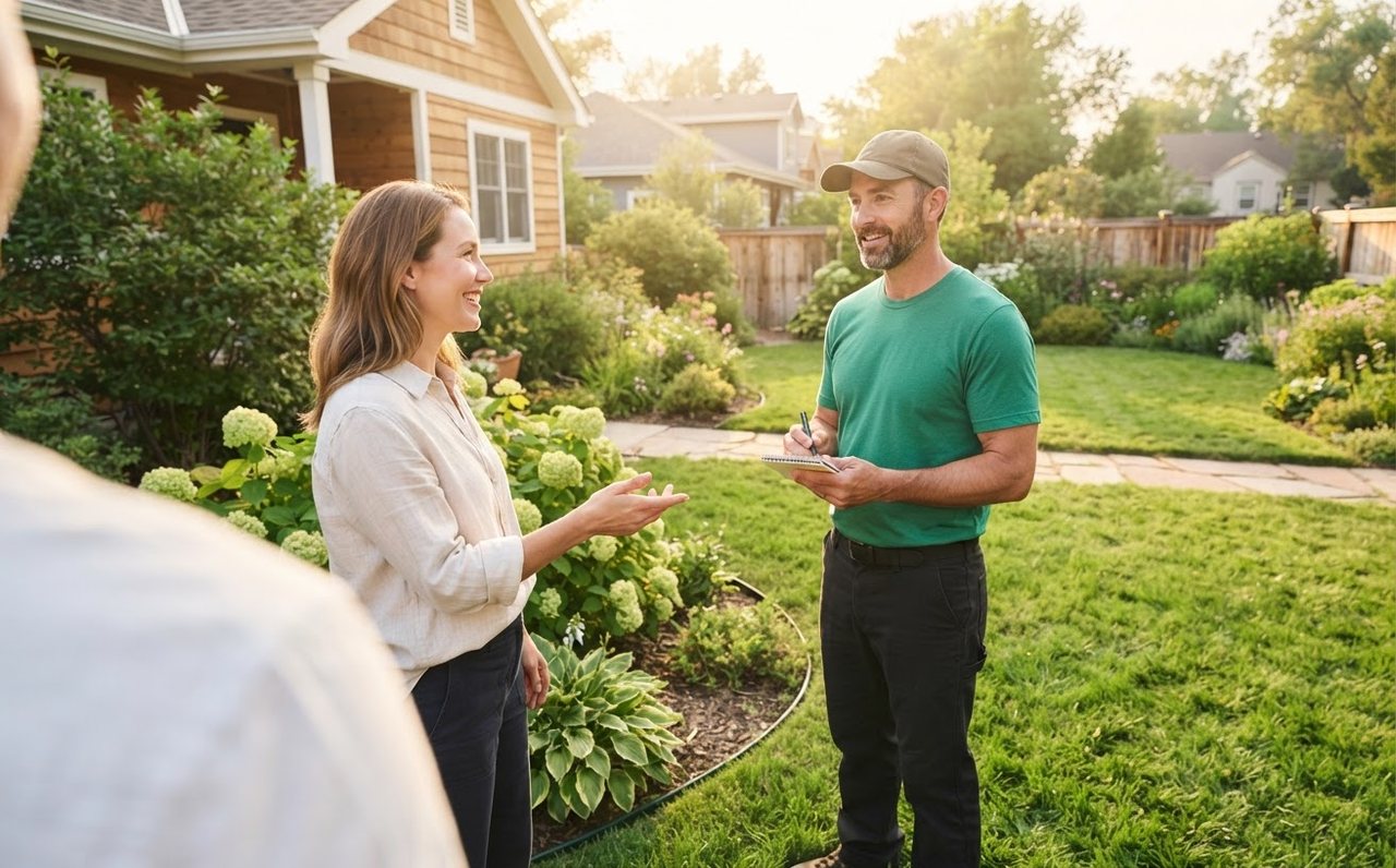 A homeowner and lawn-care worker inspect a small suburban garden before a quote — www.changeyourlife.money