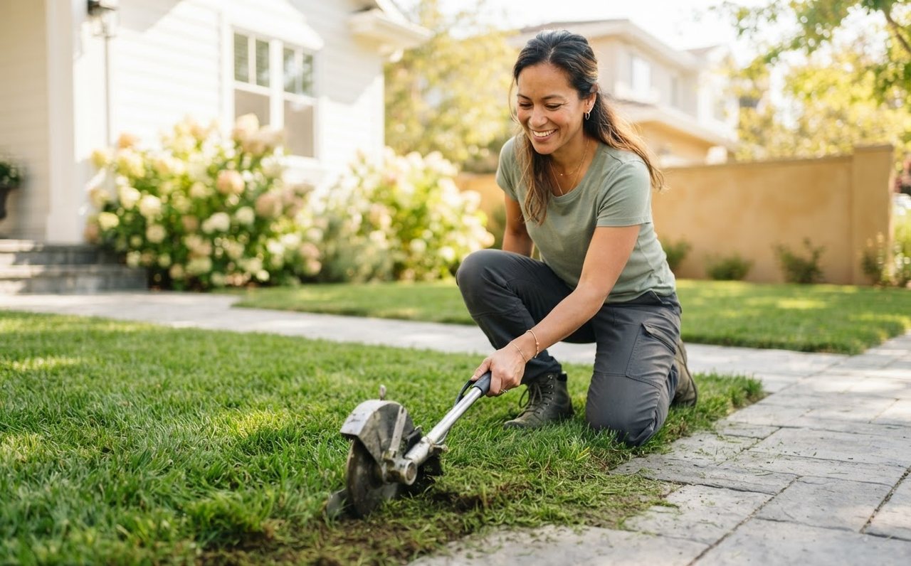 A woman carefully edges a suburban lawn during a weekend service job — www.changeyourlife.money