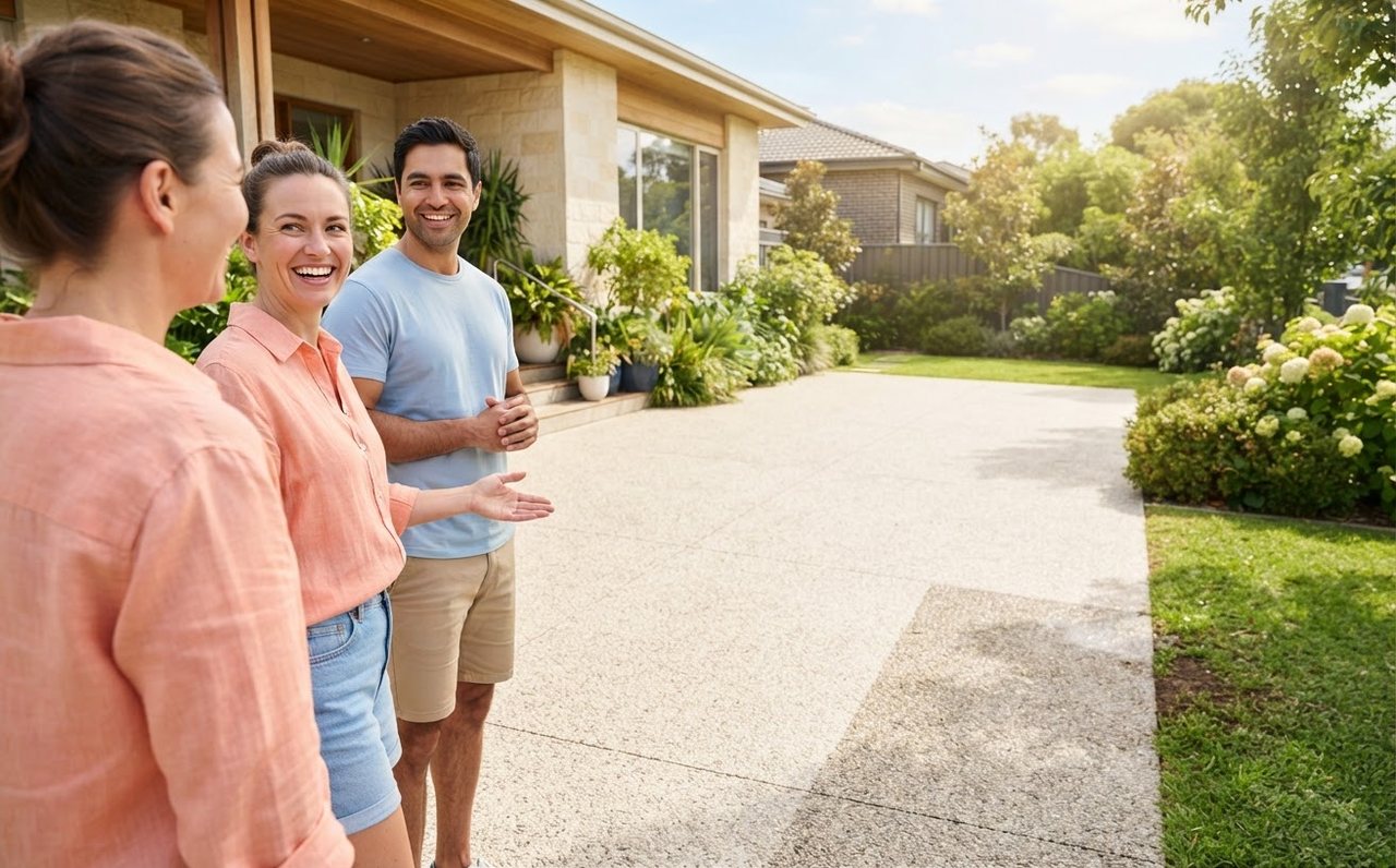 Homeowners inspect a freshly cleaned driveway after a pressure-washing job — www.changeyourlife.money