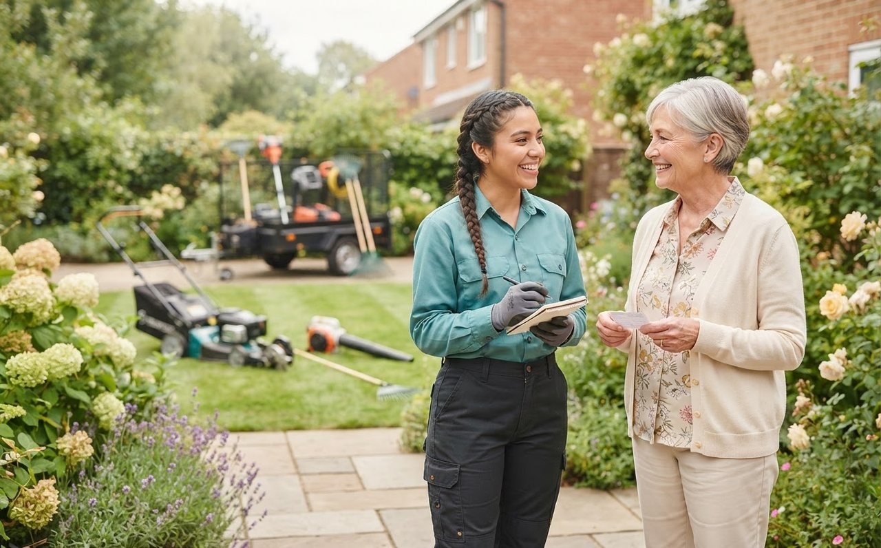 A lawn-care worker speaks with an older homeowner after finishing a garden job — www.changeyourlife.money