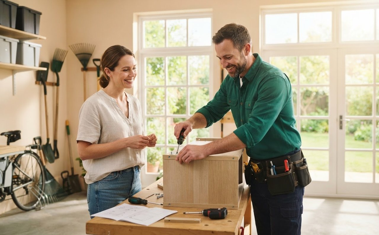 A tradesperson assembles furniture in a customer’s garage on a weekend — www.changeyourlife.money