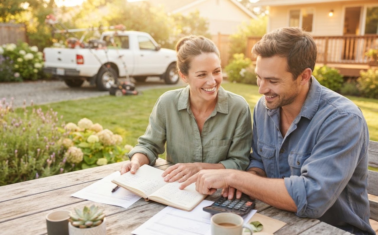 A weekend service worker reviews a household budget after finishing jobs — www.changeyourlife.money