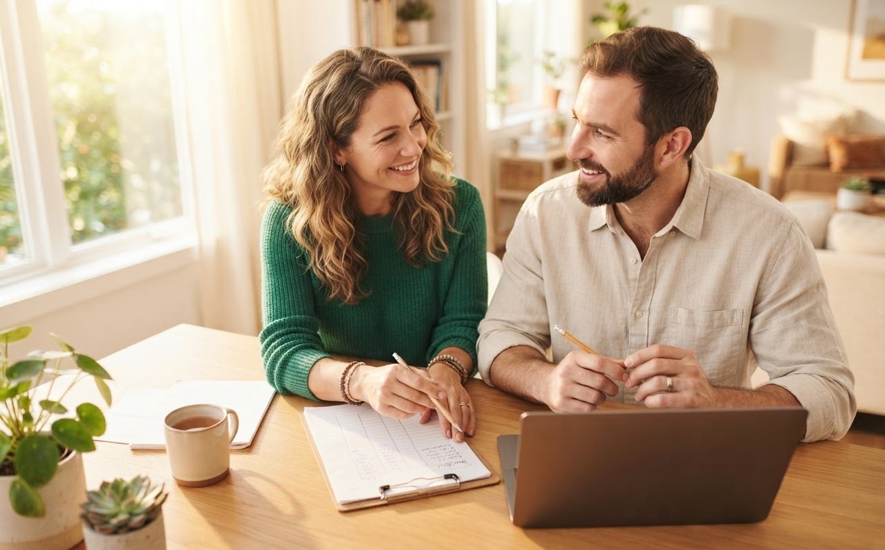 Two adults reviewing household costs together at their dining table — www.changeyourlife.money