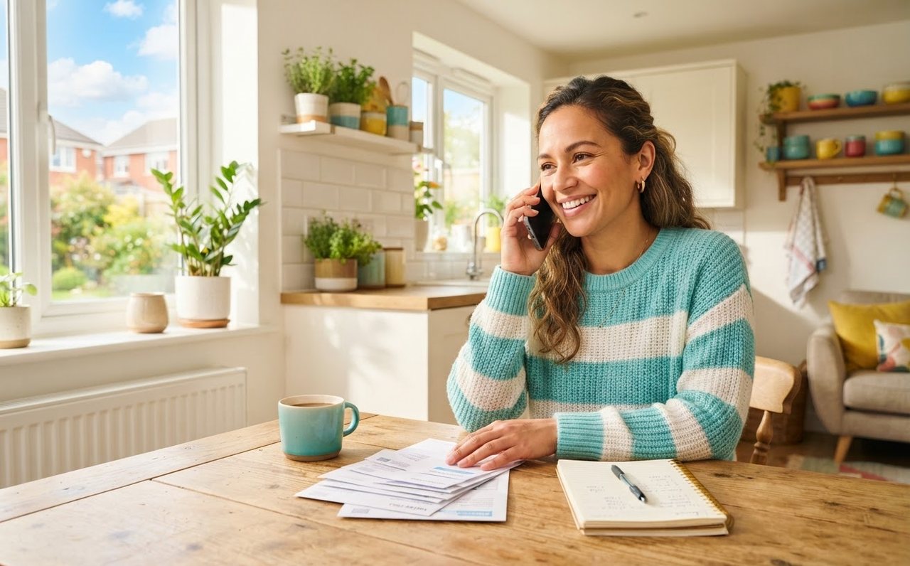 A woman calling a provider to discuss household bills from her kitchen — www.changeyourlife.money