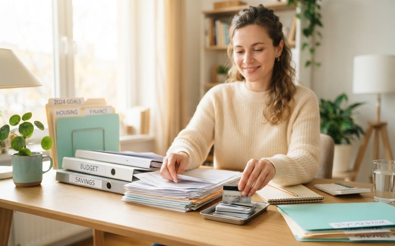 A person organising debt paperwork and removing old cards at a home desk — www.changeyourlife.money