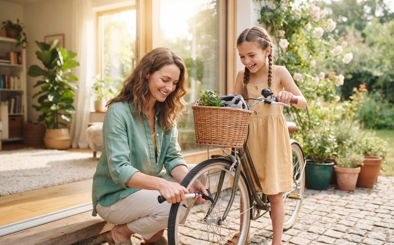 A parent and child checking a bicycle tyre outside their home — www.changeyourlife.money