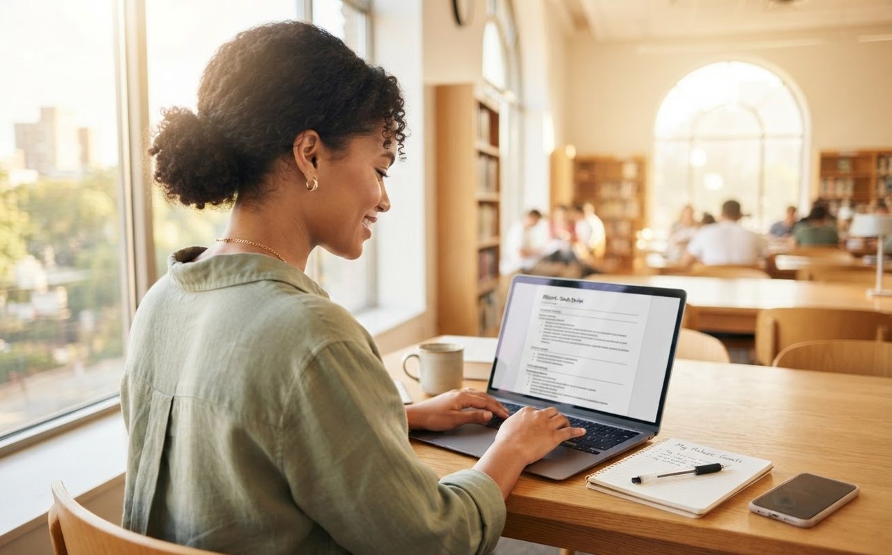 A worker updating a résumé at a library table while looking for a better role — www.changeyourlife.money