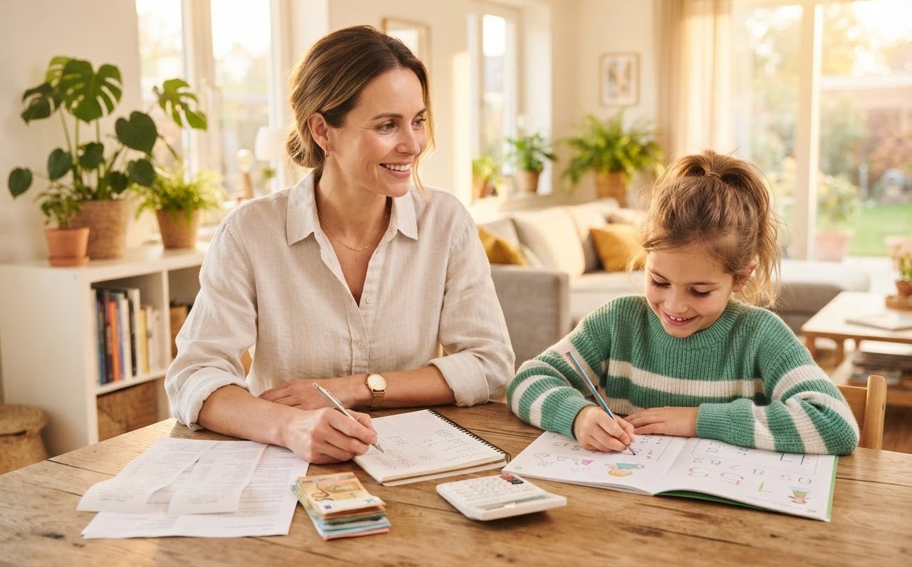 A parent sorts household spending while a child does homework nearby — www.changeyourlife.money