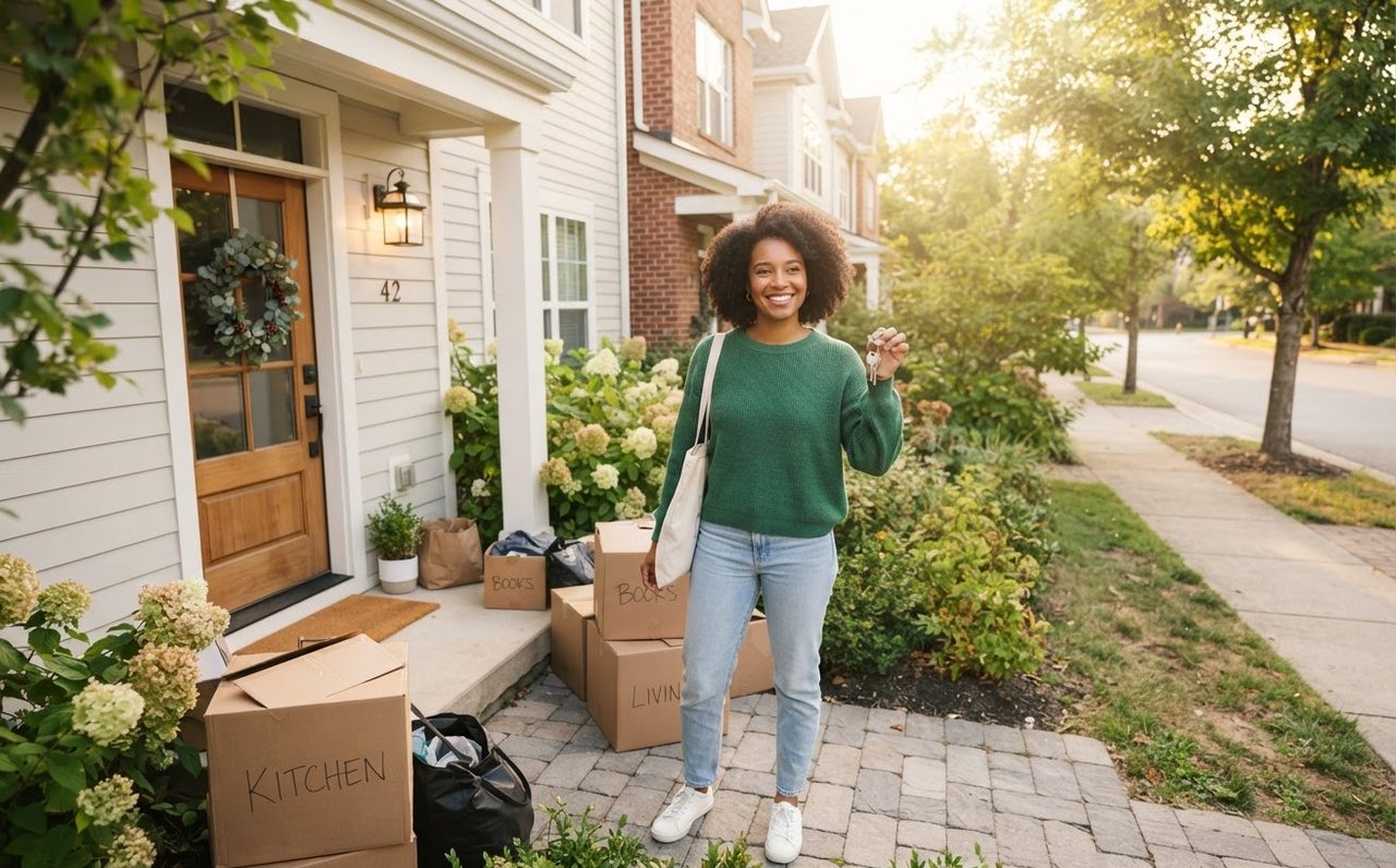 A renter stands outside a suburban townhouse with moving boxes and keys — www.changeyourlife.money