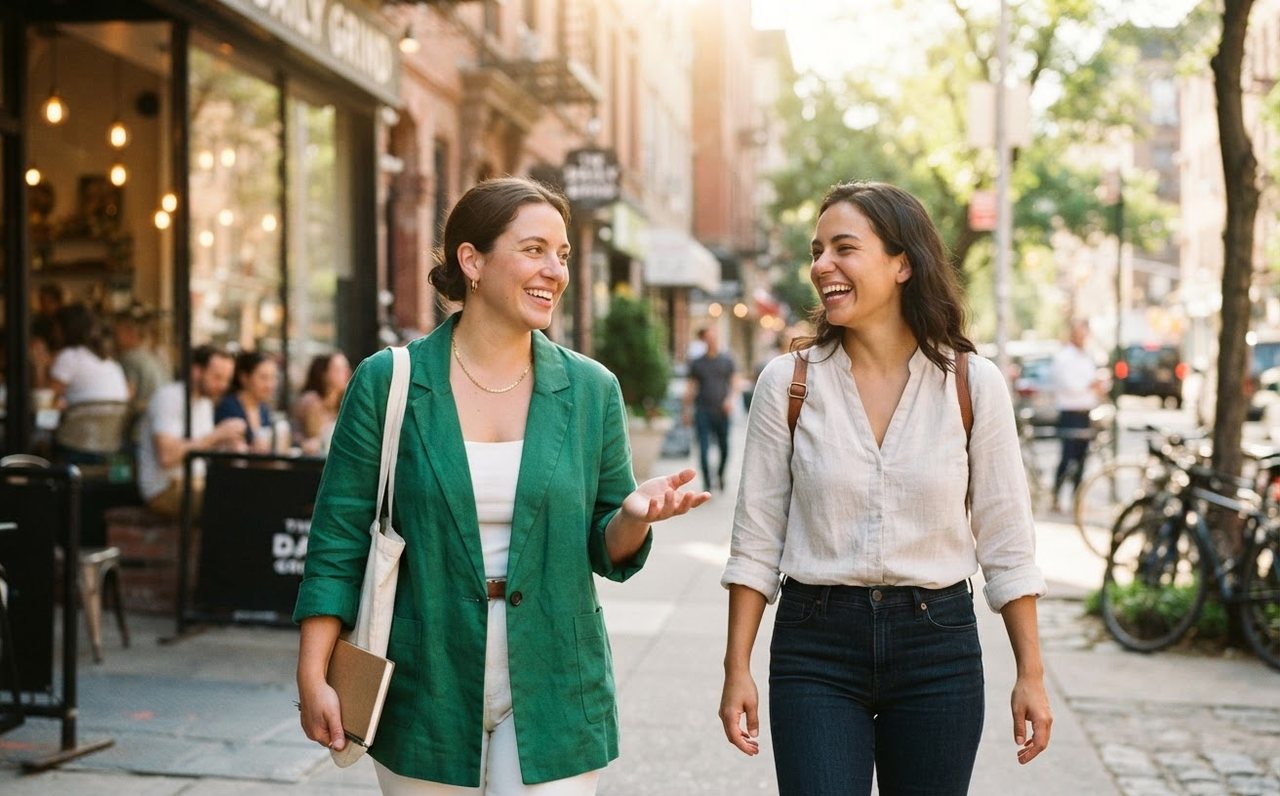 Two friends walk through an urban neighbourhood while discussing housing choices — www.changeyourlife.money