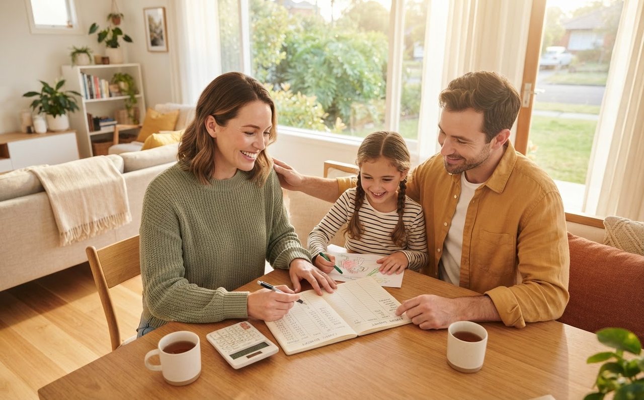 A family relaxes at home while parents review their household budget — www.changeyourlife.money